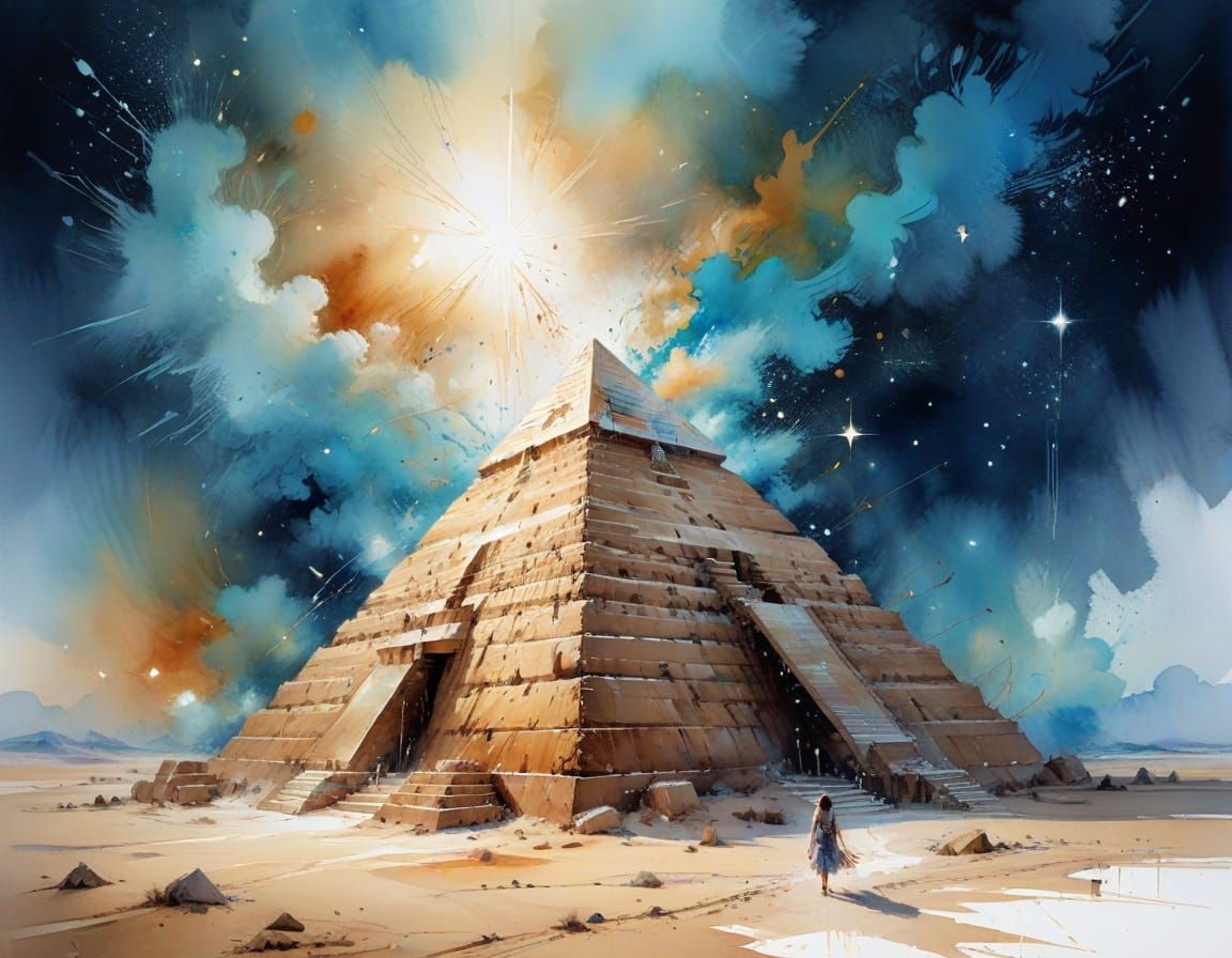 Luminous Pyramid in Shifting Sands Watercolor Painting