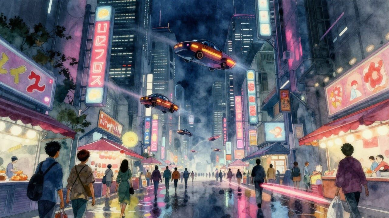 Futuristic Metropolis Night Market in Watercolor Cyberpunk S...