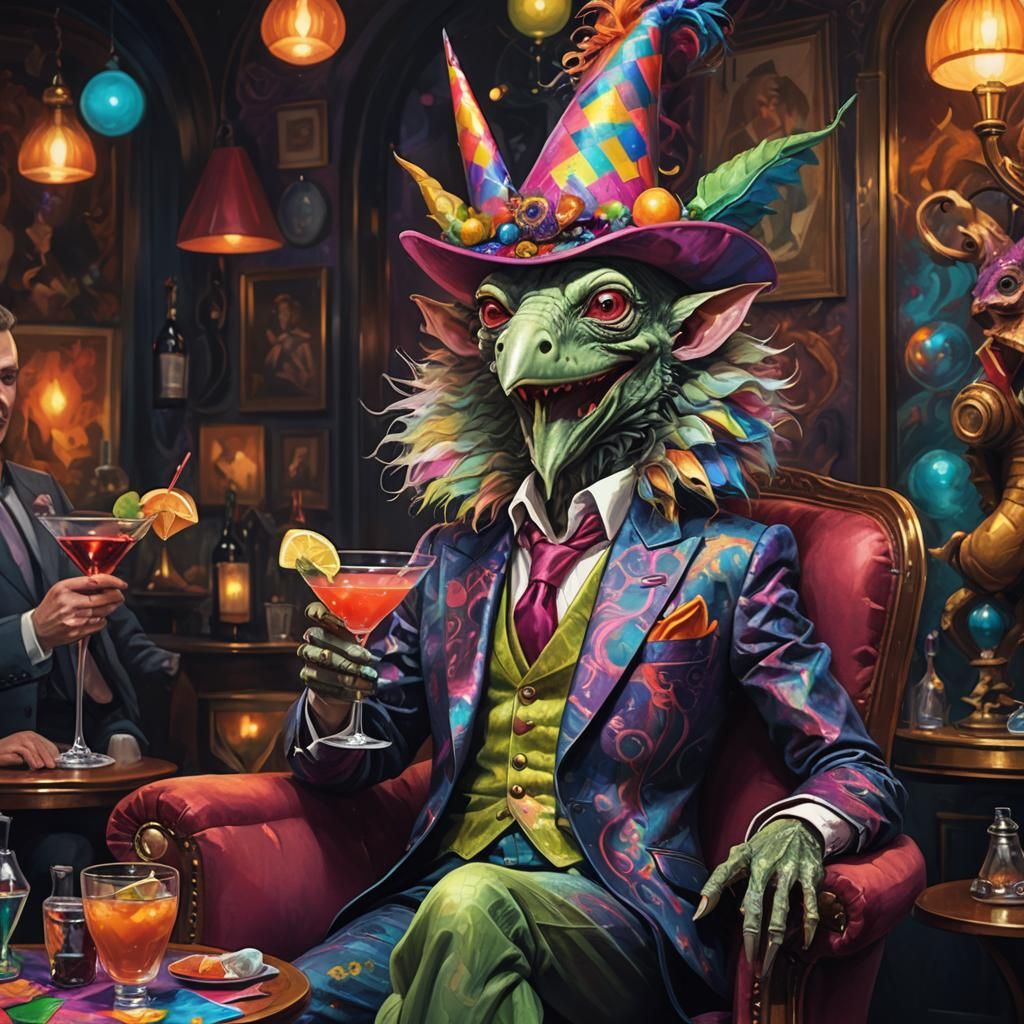 Fantastic Creature Celebrates in Bosch-Style Oil Painting