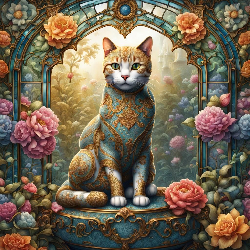 Porcelain Cat in Ethereal Floral Garden