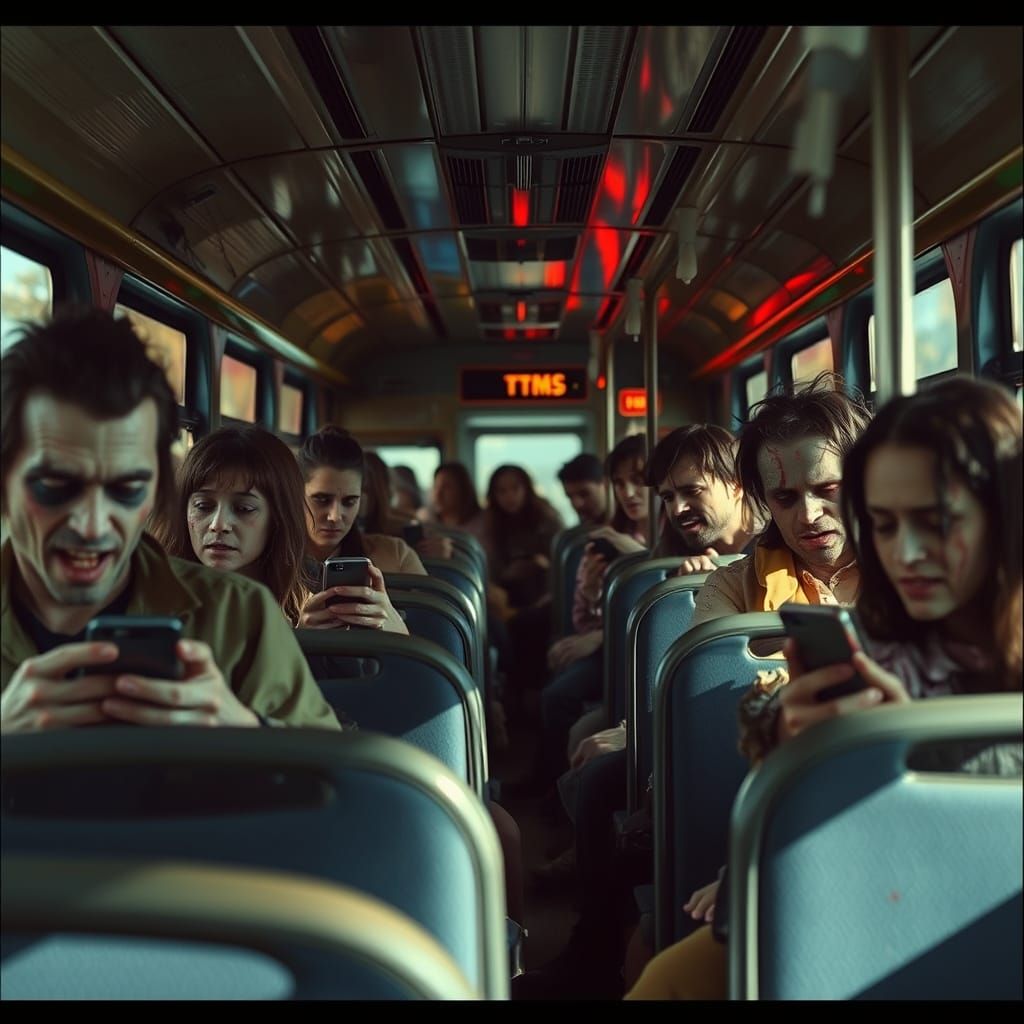 Zombies on a Bus: A Cinematic Film Still