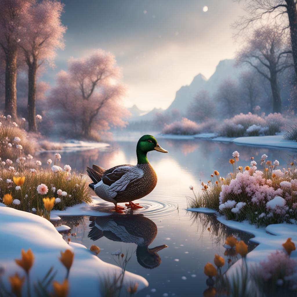 Lace Duck in Snow and Flowers, Digital Art