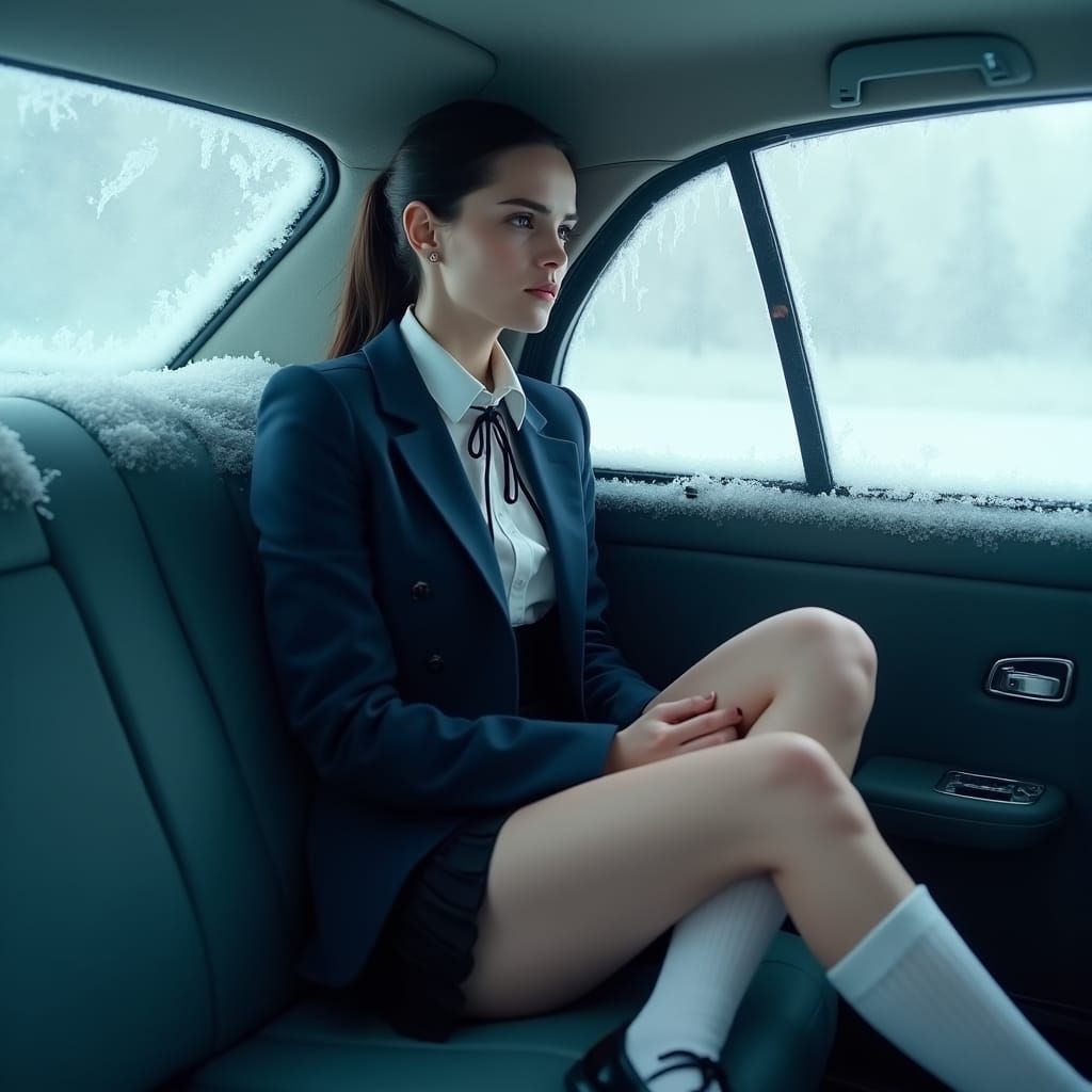 Icy Car Ride: Emma Watson in Matte Painting Style