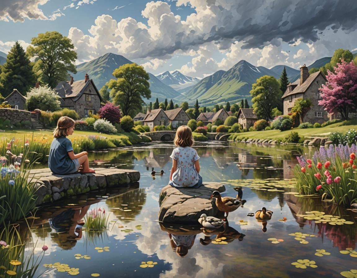 Hyperrealistic Riverside Scene with Children on Bridge