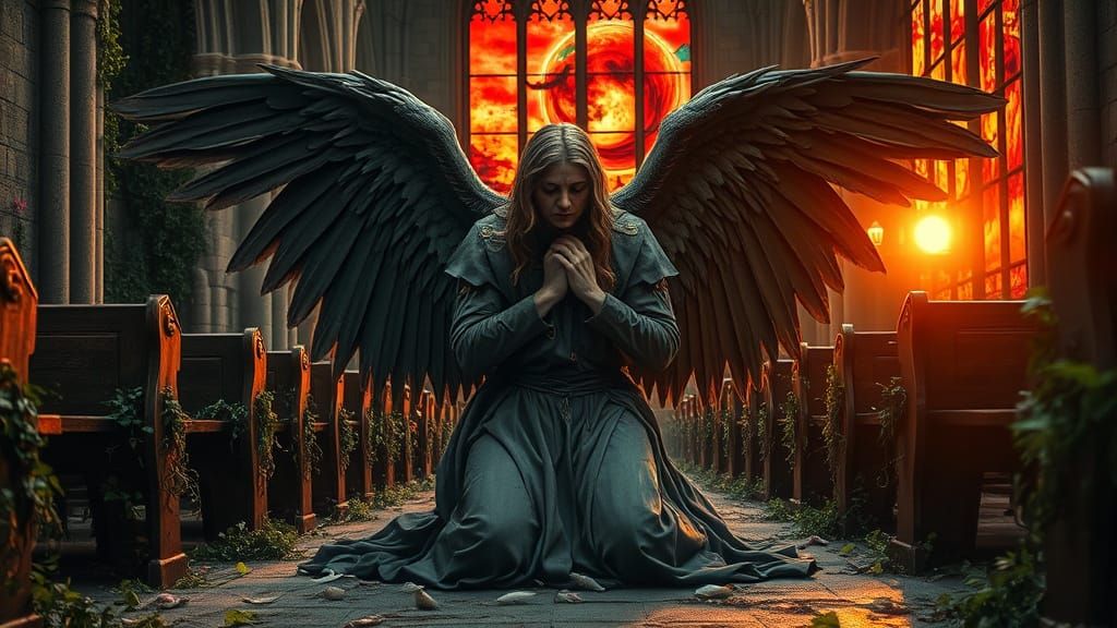 A Fallen Angel's Despair in a Forgotten Cathedral