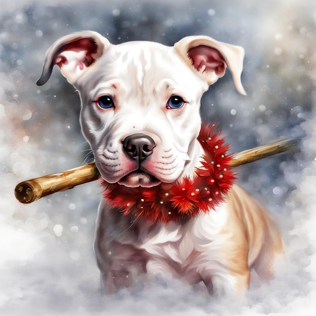 Frisky Pit Bull Puppy with Stick, Watercolor Art