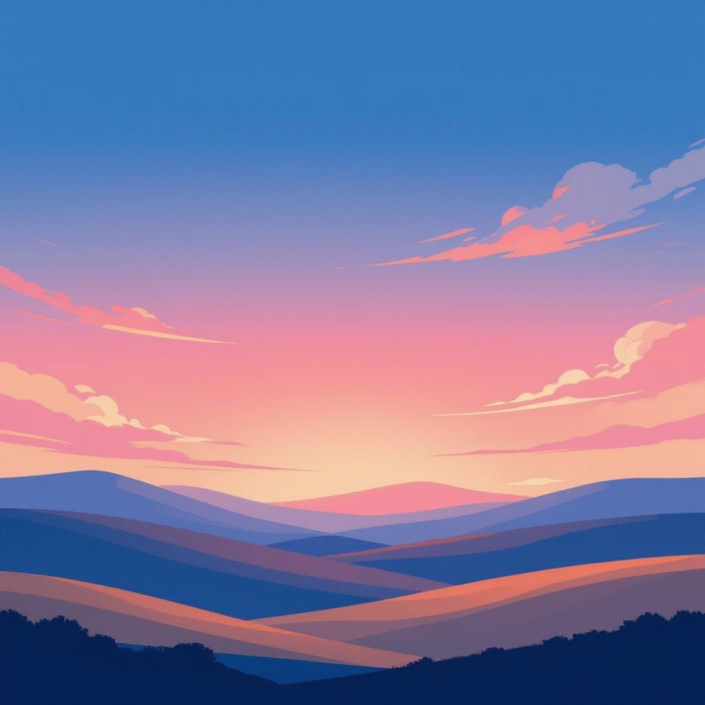 Gradient Sky Over Minimalist Hills in Graphic Design Style