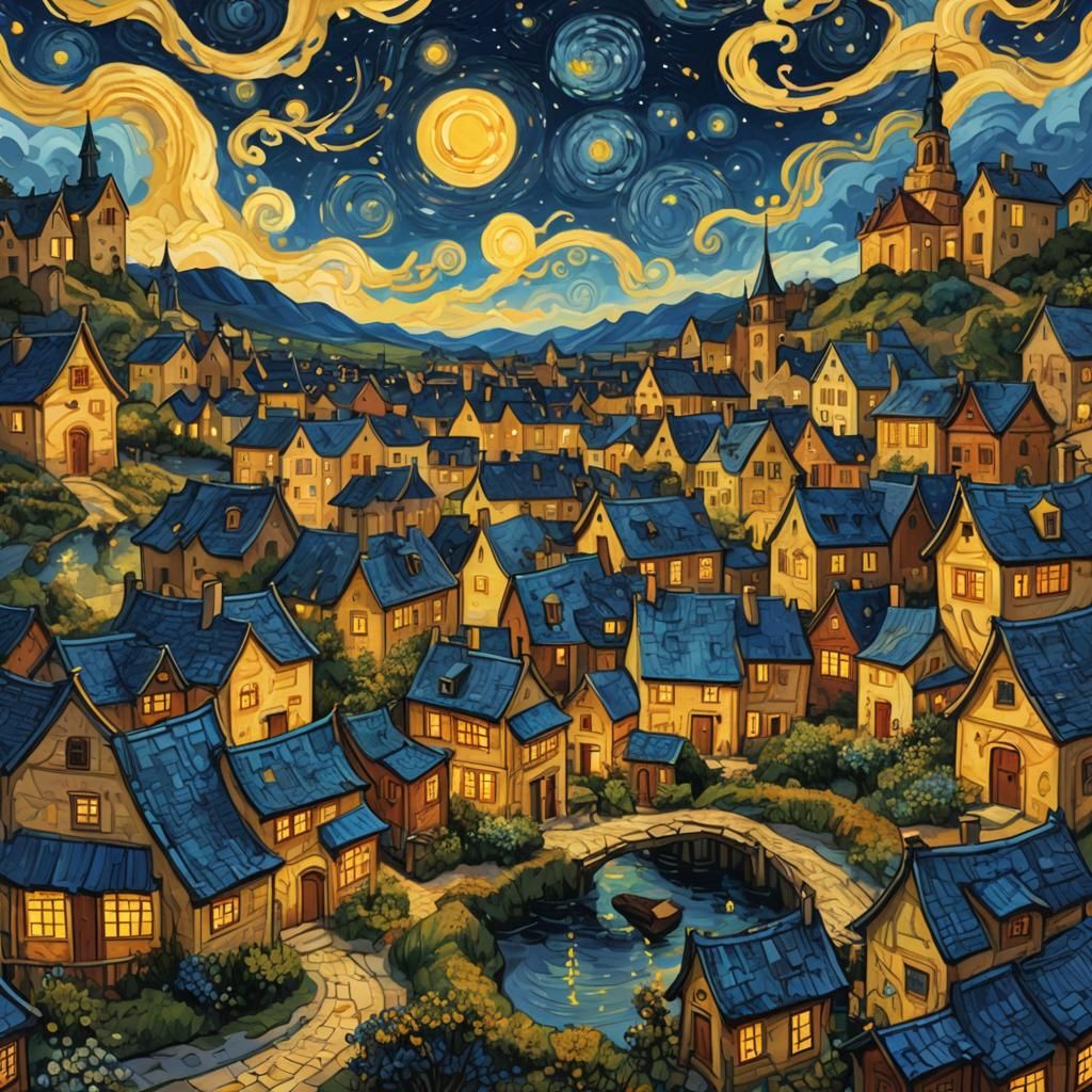 Fantastical Village Under Starry Night, Van Gogh Style