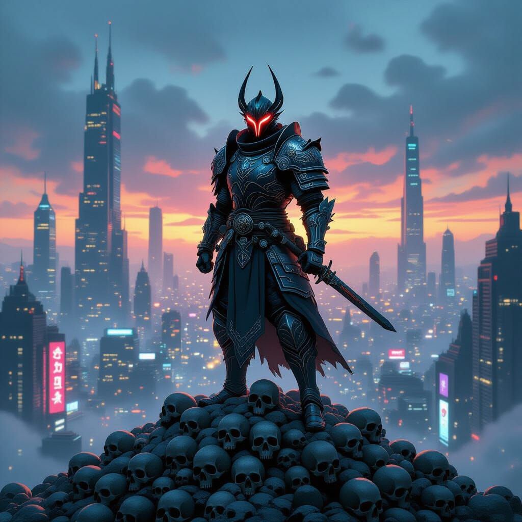 Cyberpunk Warrior on Mountain of Skulls