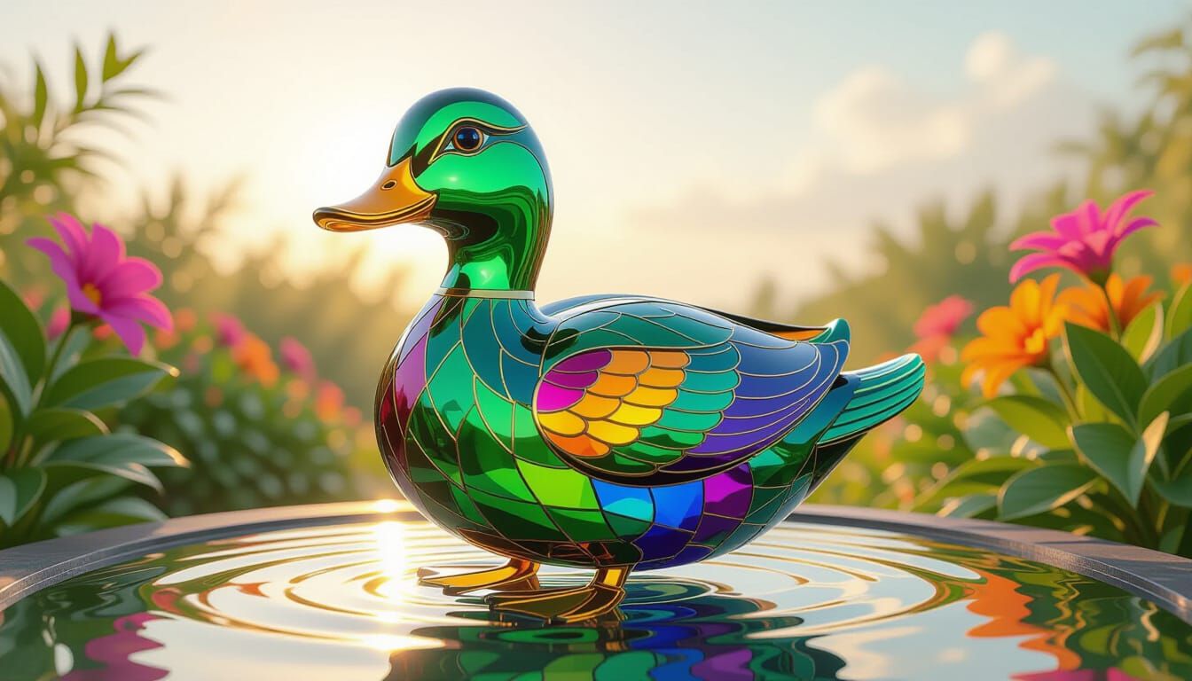 Vibrant Translucent Glass Duck in Whimsical Garden