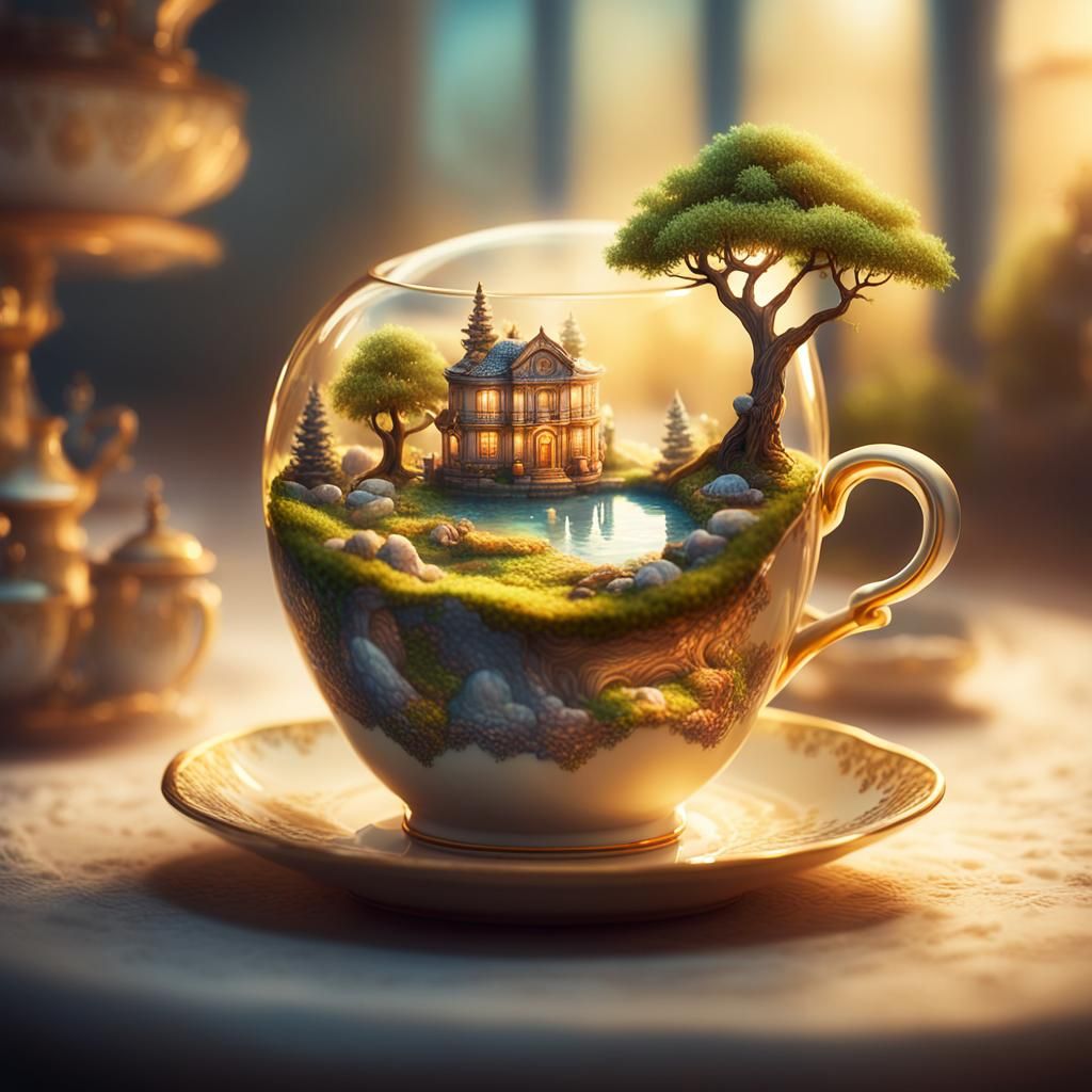 Fantasy World in Teacup: Hyper-Realistic Digital Art