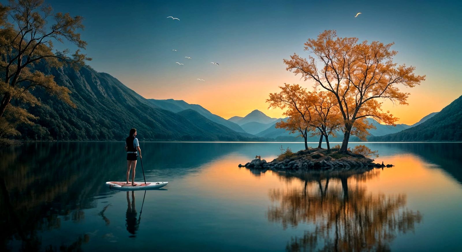 Vibrant Dawn Paddleboarding in Expressionist Style