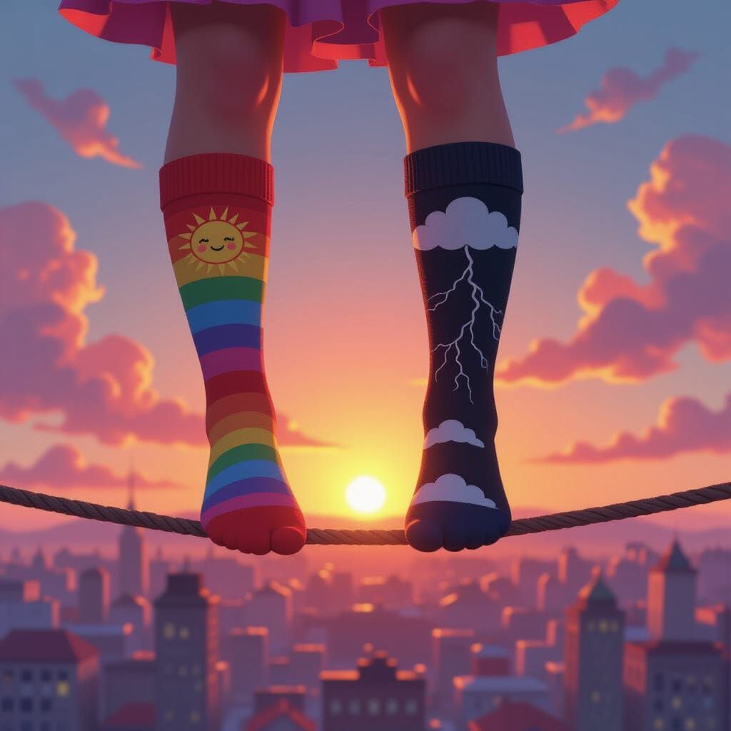 Whimsical Feet Balancing on Tightrope at Sunset