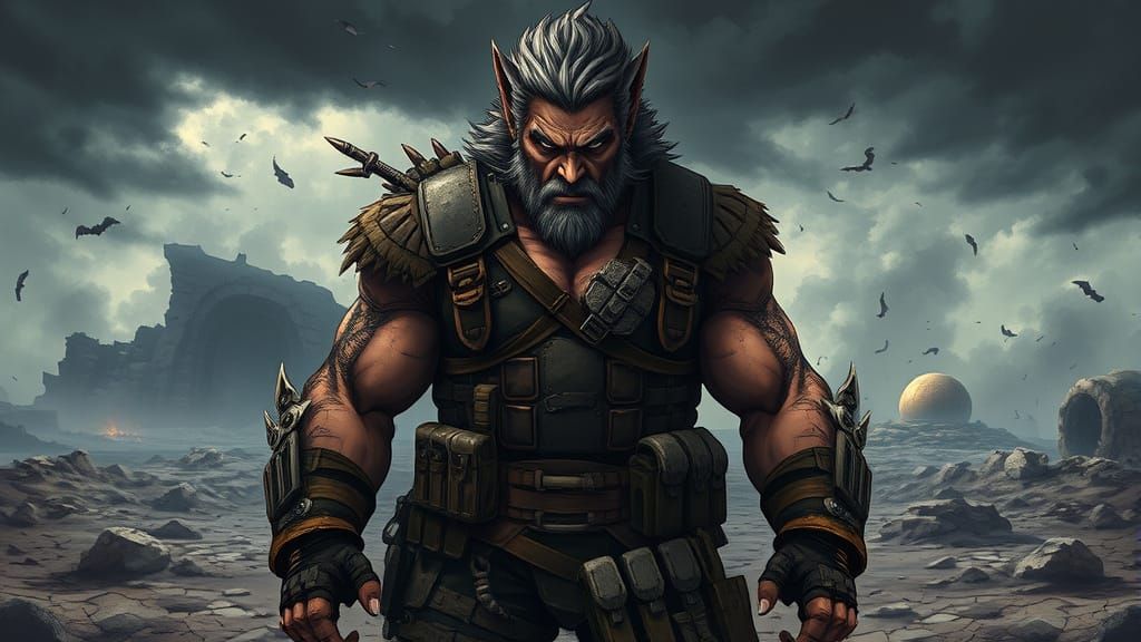 Gritty Anime Warrior Stands in Post-Apocalyptic Wasteland