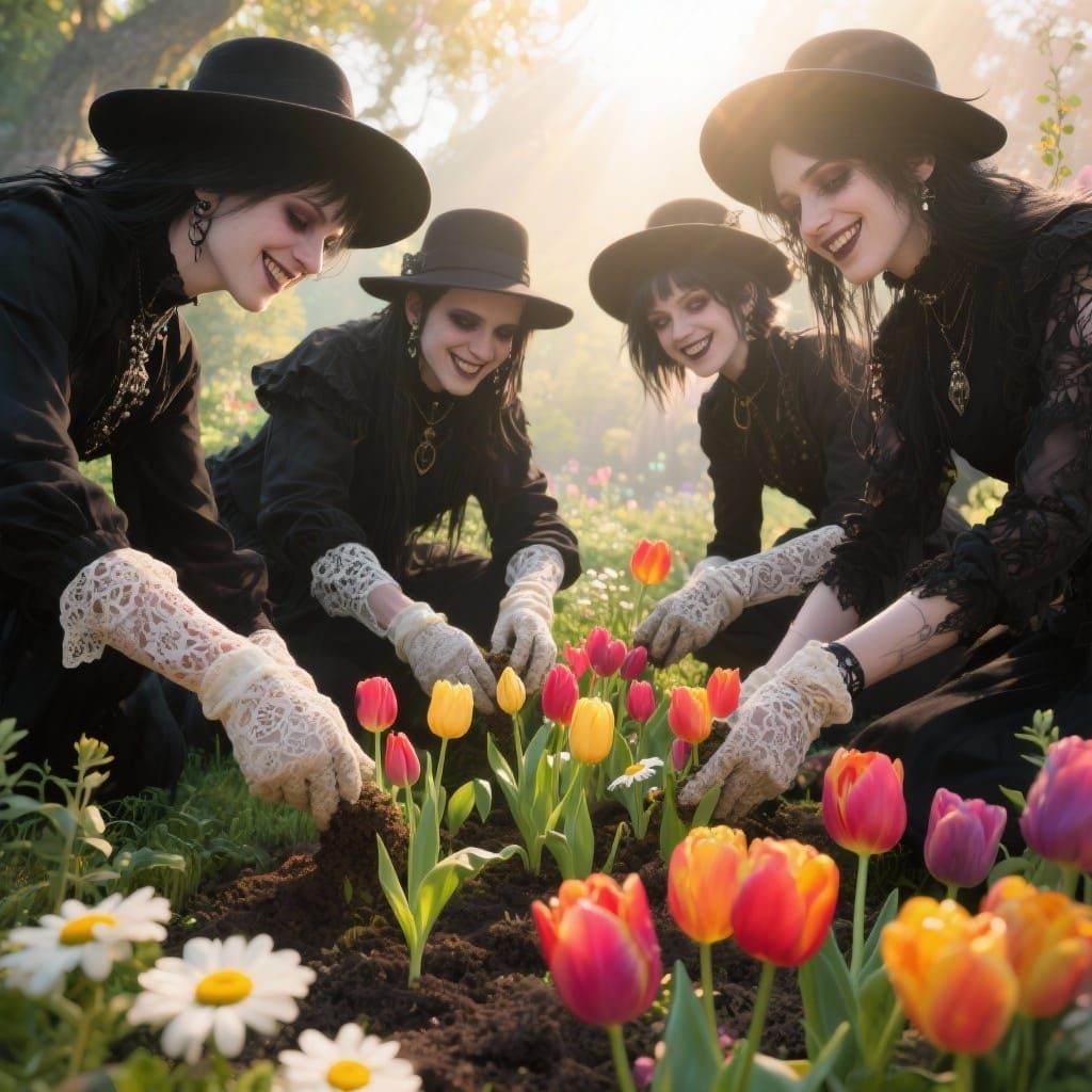 Goths Joyfully Planting Flowers in a Sunlit Garden