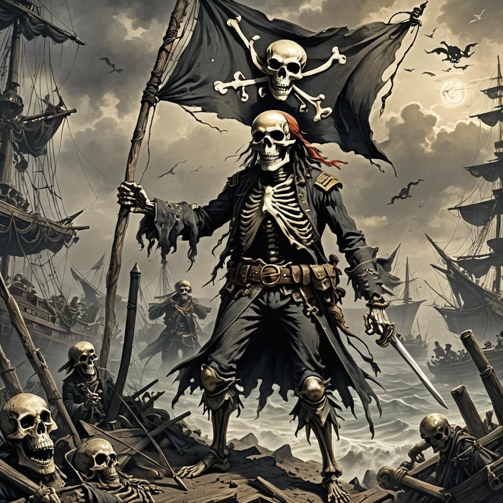 Pirate Skeleton with Jolly Roger Flag in Horror Style