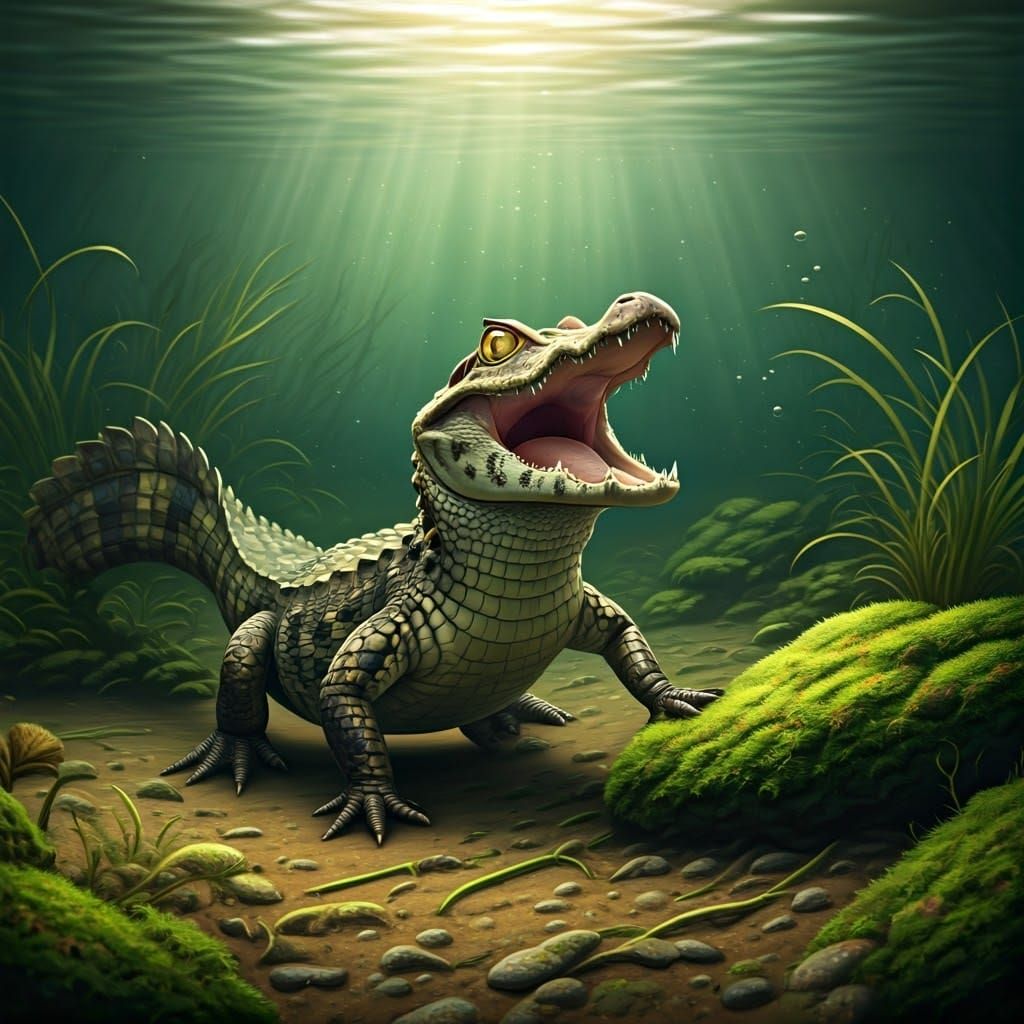 Dwarf Caiman in Swampy Waters, Lifelike Zoological Illustrat...