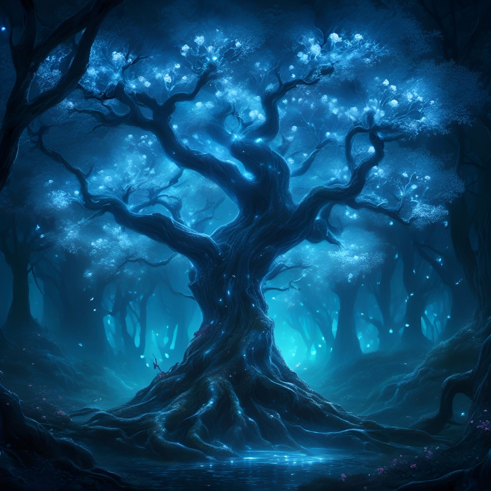 Blue Dragon Sleeping in Bioluminescent Cherry Tree