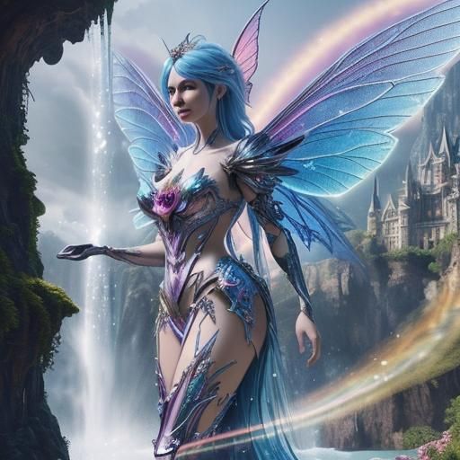 Fantasy Fairy with Sparkling Wings and Castle Background