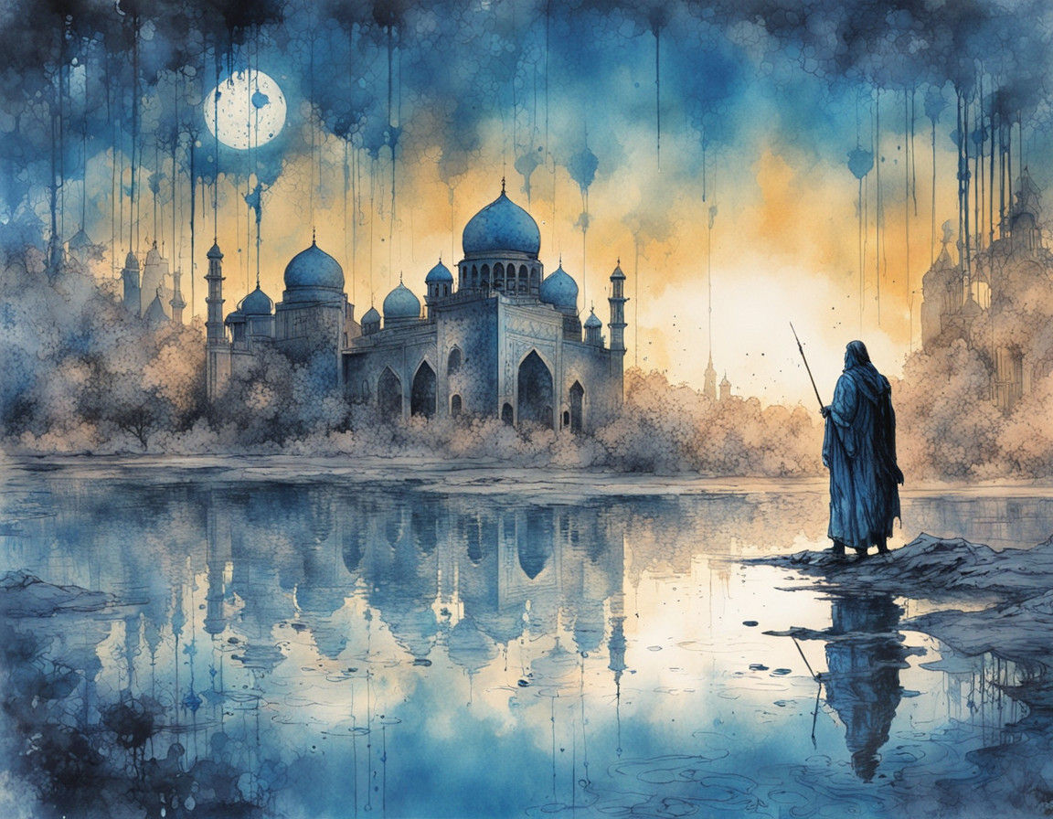 Arabian Ruins Reflected in Sunset Lake, Watercolor Ink Splas...