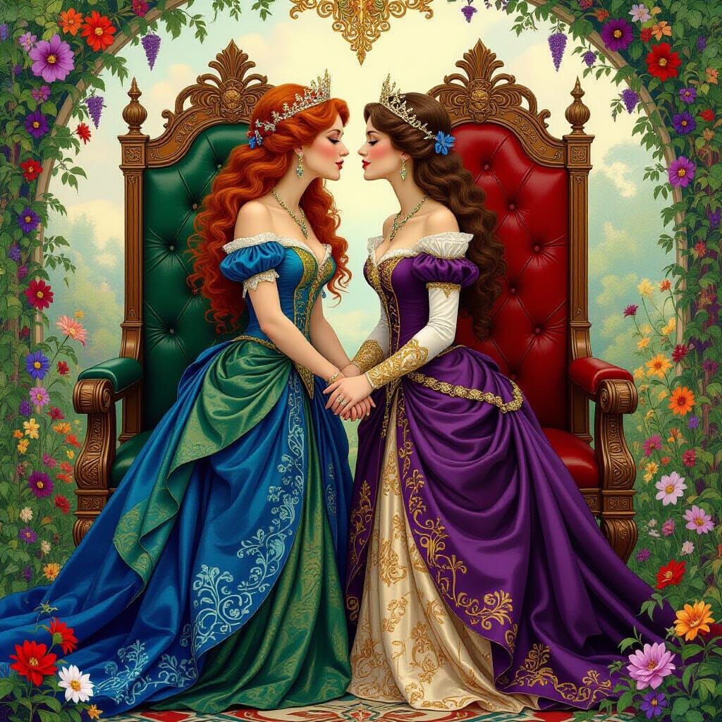 Two Queens Kissing Before Their Thrones, in Romantic Style