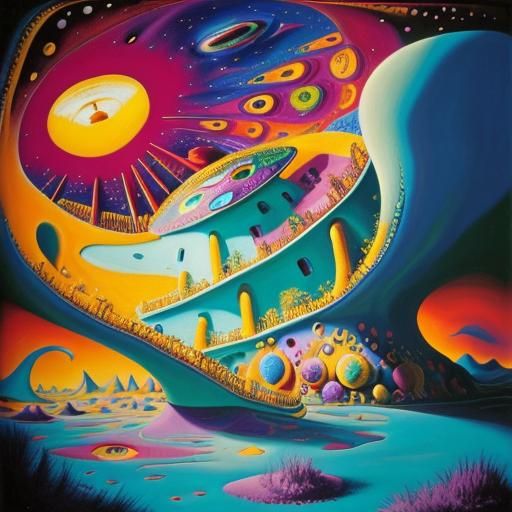 Dinosaur and UFO in Surreal Desert Sunrise Painting