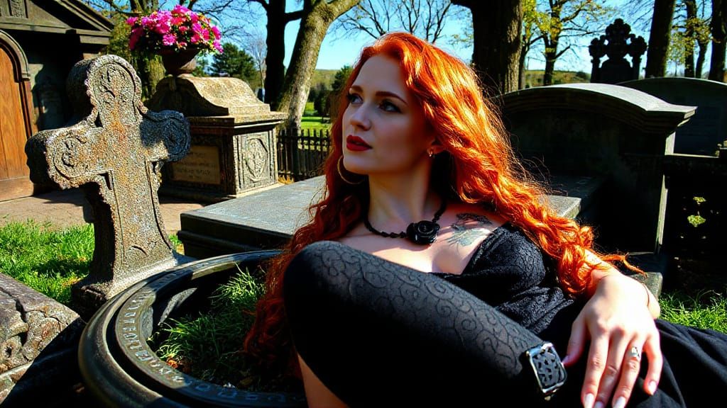 Goth Goddess Basks in Sunlight Amid Cemetery Crypt
