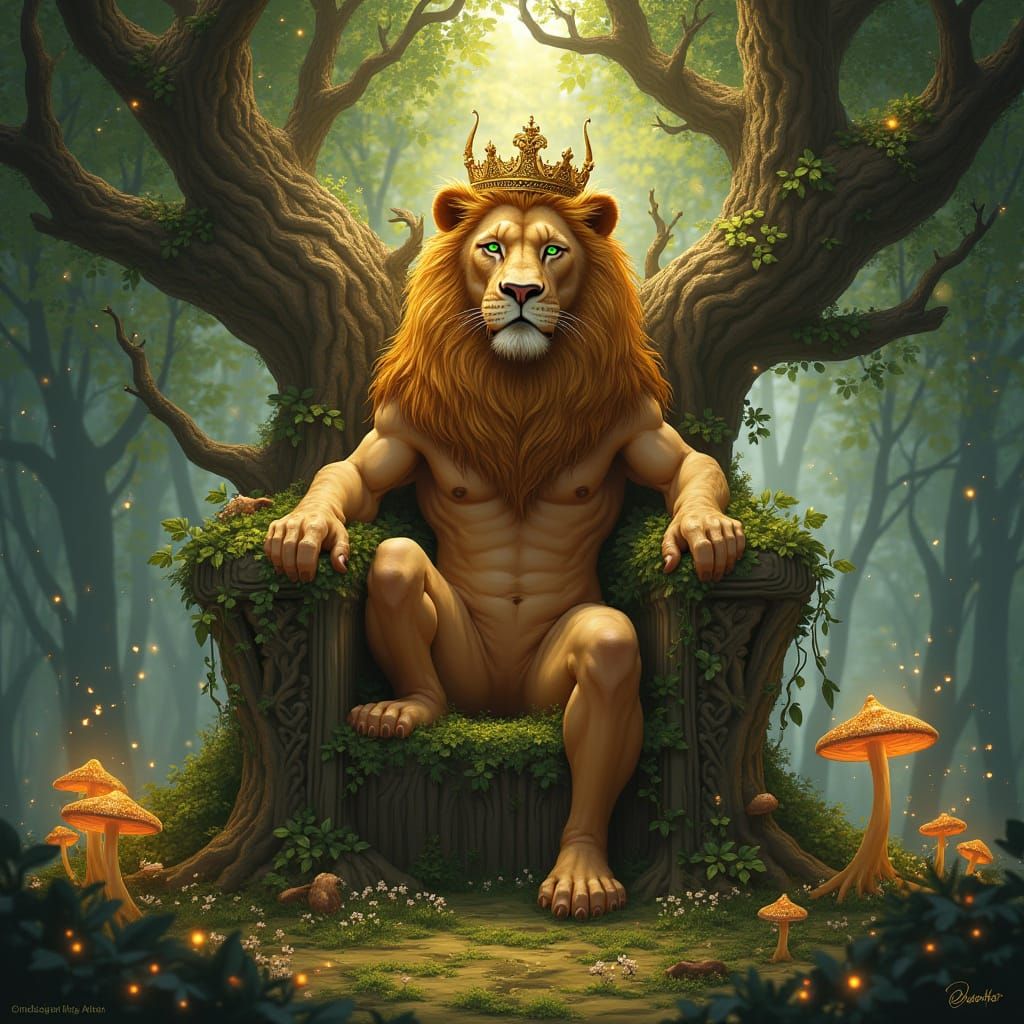 Regal Lion in Enchanted Forest, Golden Crown and Ancient Oak...