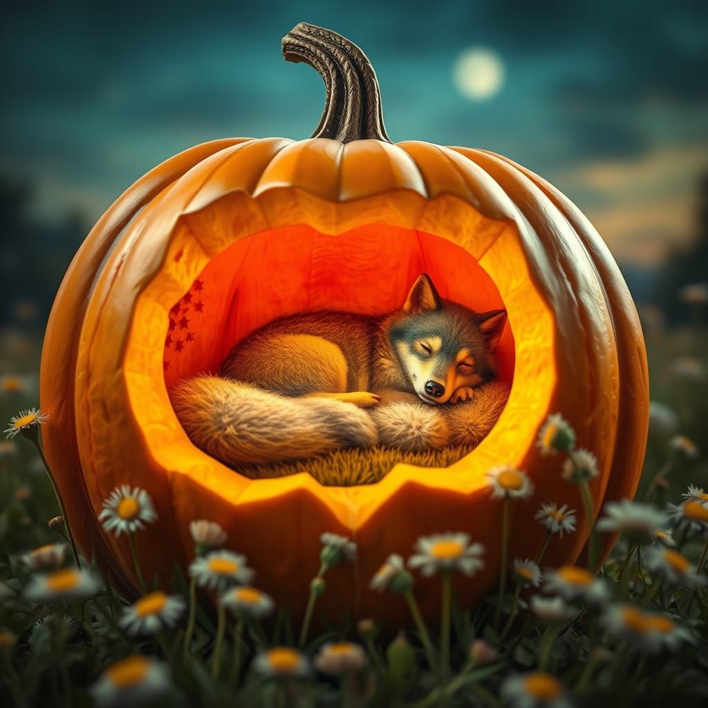 A baby wolf curled up sleeping inside a pumpkin at moonlight.