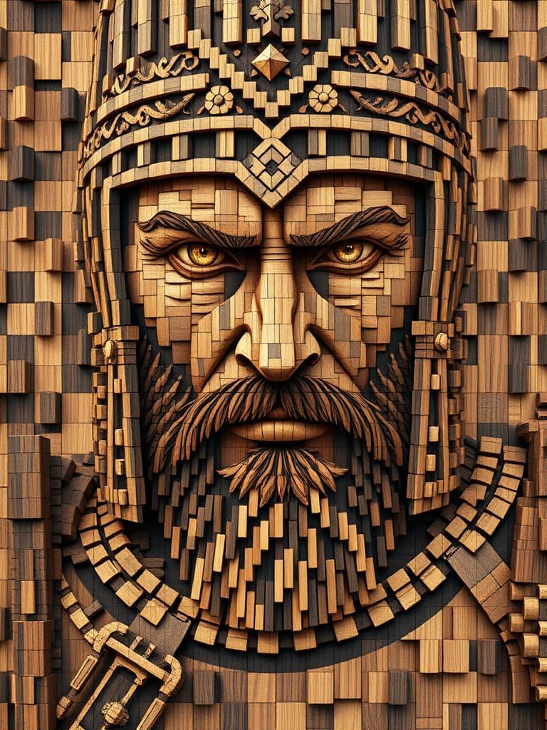 Ukrainian Warrior: Pixel Art in Carved Wood Mosaic
