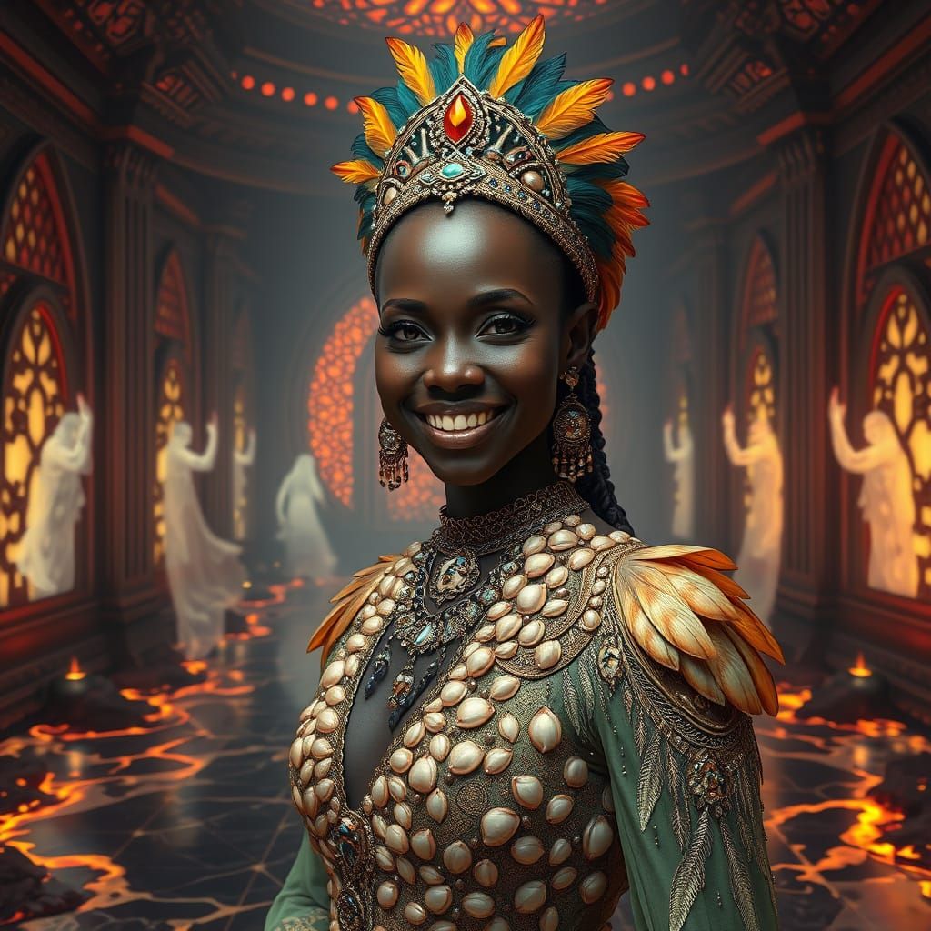 Futuristic Black Woman in Obsidian Palace, Digital Art