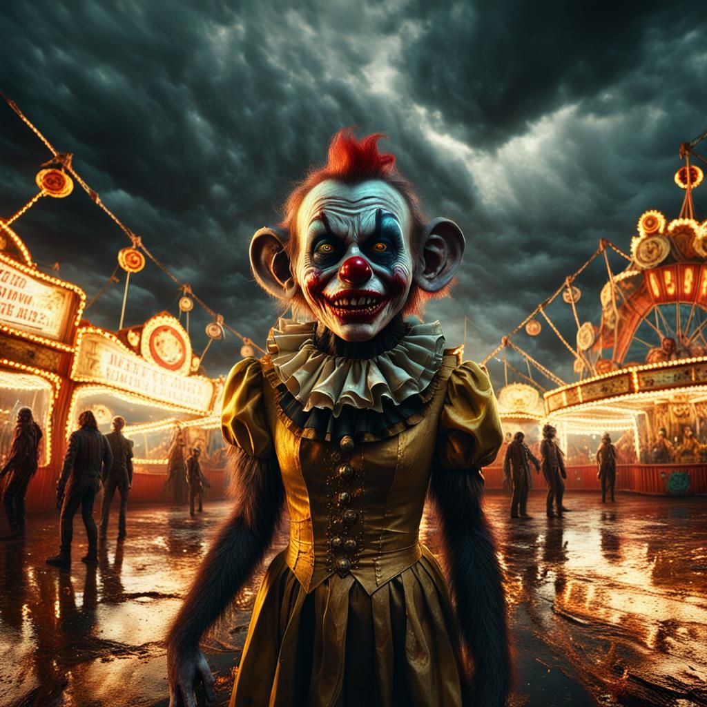 Eerie Monkey Zombie Clown in Abandoned Carnival