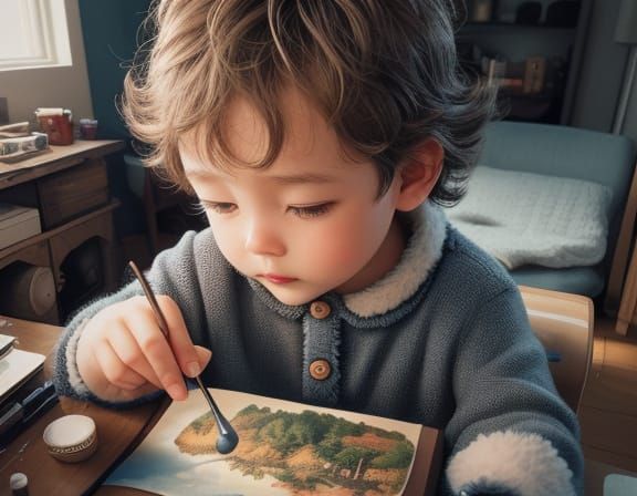 Child Paints Masterpiece Amidst Giant Objects