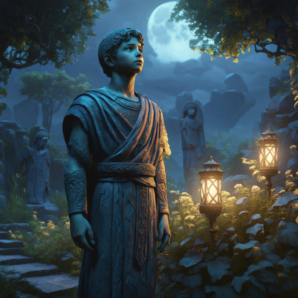 Boy Singing in Mystical Garden: Surreal Matte Painting