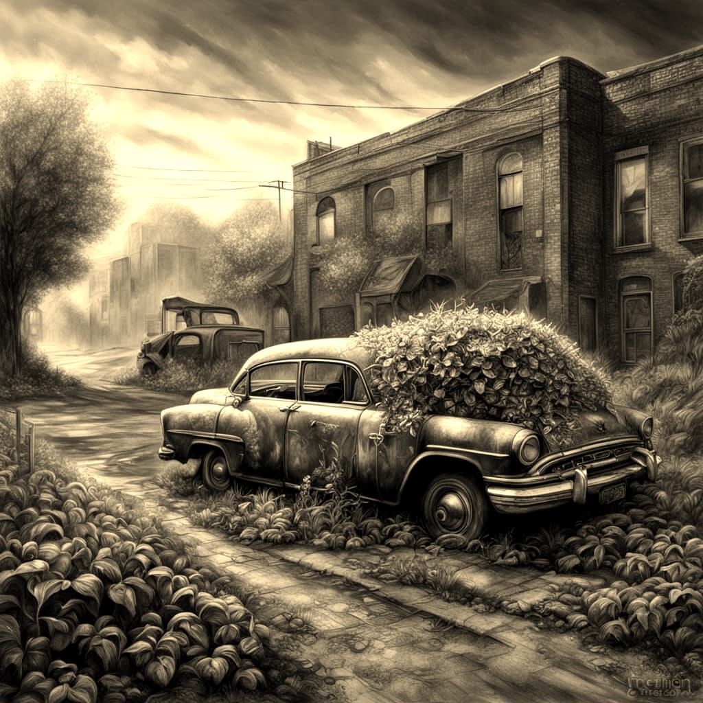Sunflower Sprouts in Urban Wasteland: Charcoal Drawing