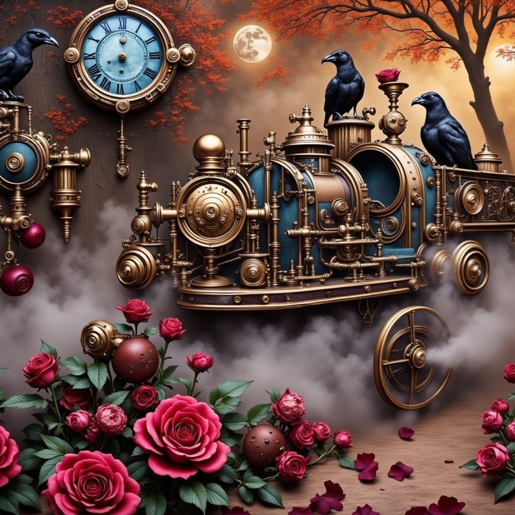 Whimsical Steampunk Rose Garden in Burgundy and Gold