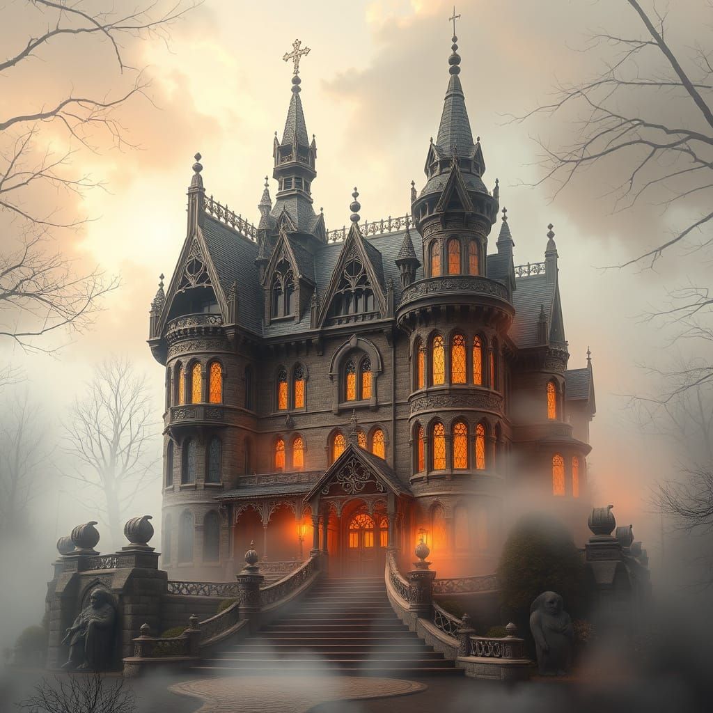 Gothic Mansion in Ethereal Mist, Fantasy Landscape