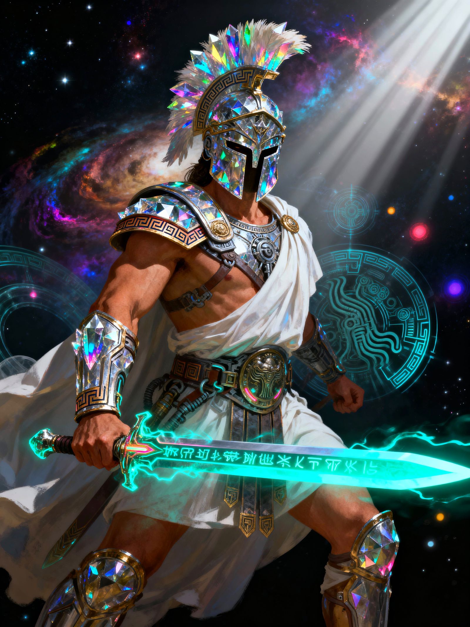 Crystal Warrior with Glowing Sword in Cosmic Bokeh