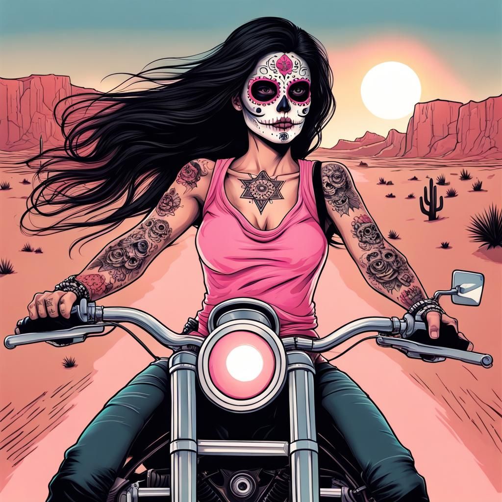 Sugar Skull Girl Rides Motorcycle Towards Sun