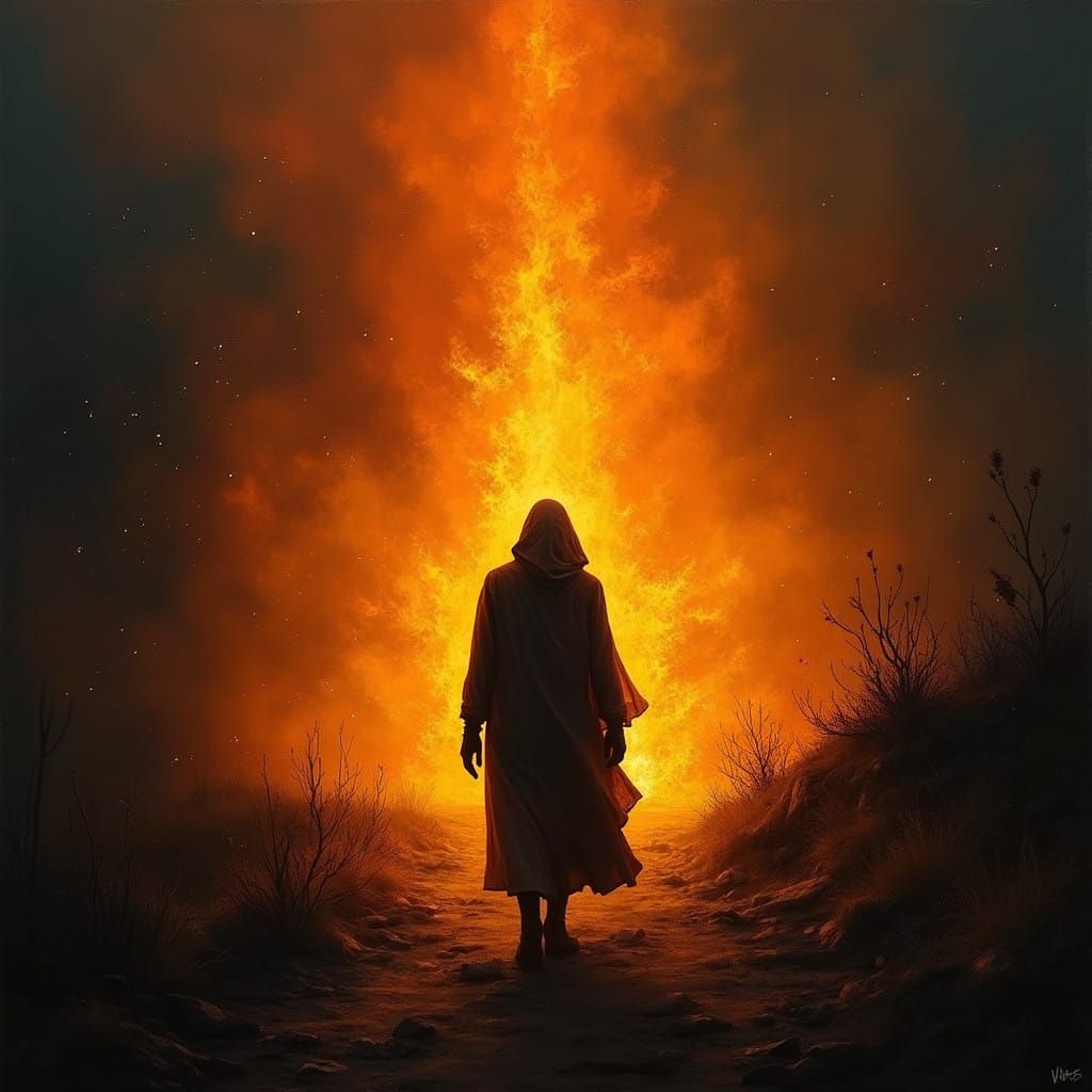 Fiery Inferno Engulfing a Mysterious Figure in Dark, Moody S...
