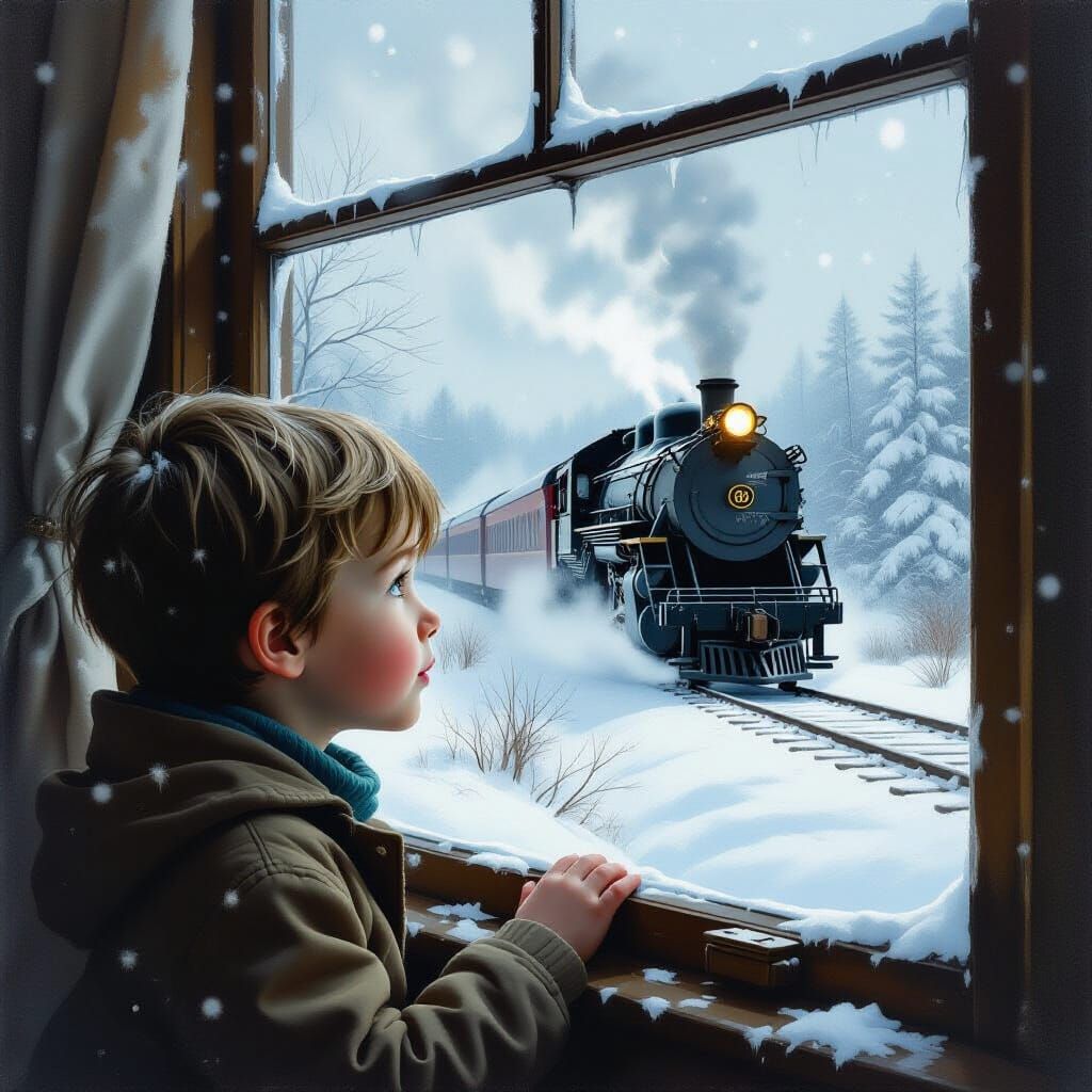 Boy's Reflection Gazes at Snowfall and Slow Train