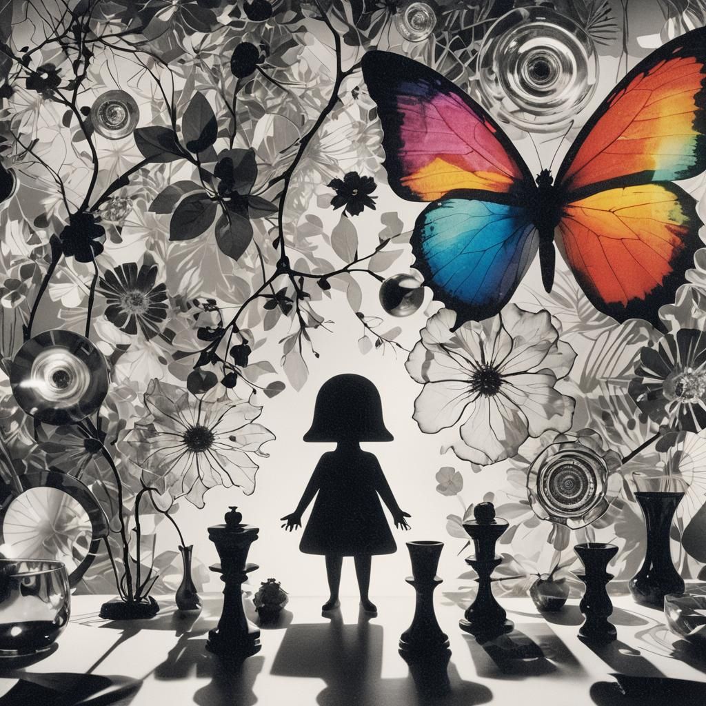 Abstract Photogram of Flowers and Glassware in Black and Whi...