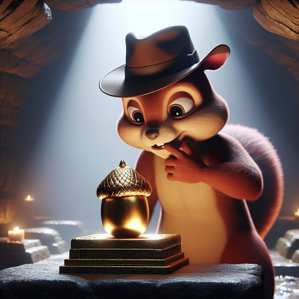 Anthropomorphic Squirrel Contemplates Golden Acorn in Mayan ...