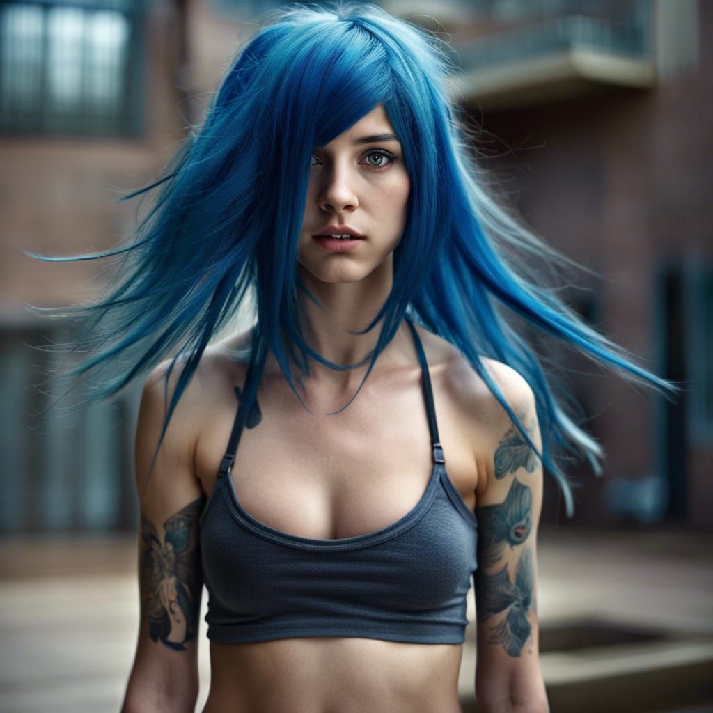 beautiful blue haired emo teen long hair with huge breast ripping her clothes apart by herself top less no clothes