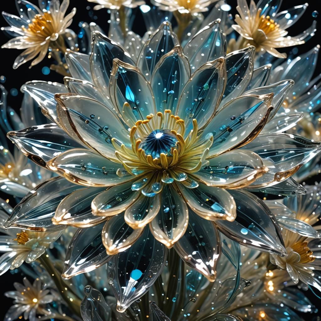 Bioluminescent Glass Flower Sculpture with Crystals