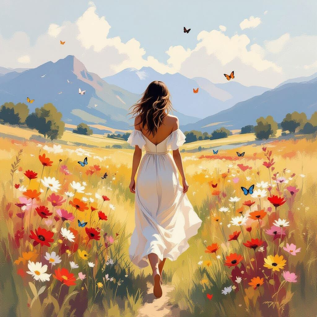 Woman in Autumn Field: An Impressionistic Gouache Painting