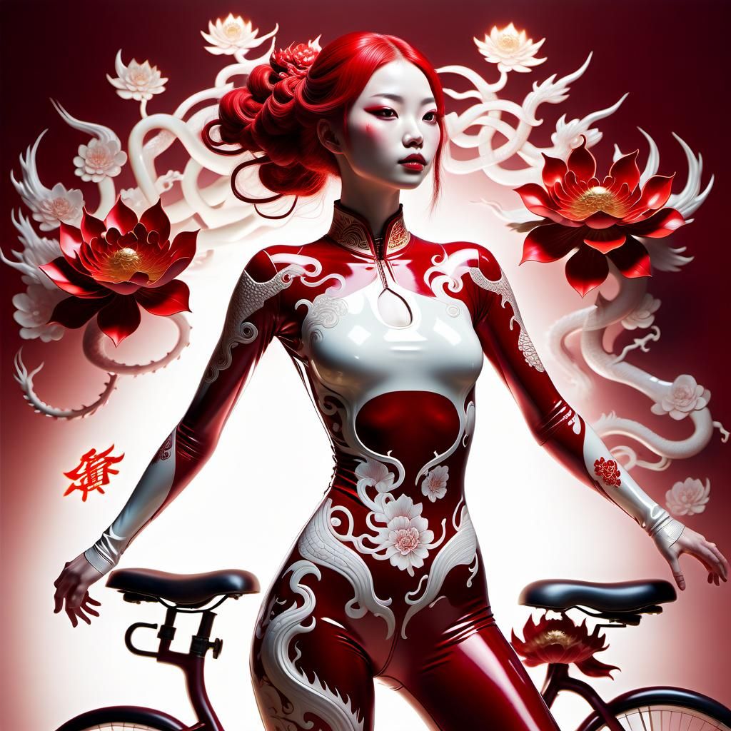 Porcelain Woman with Dragon Tattoo, Hyperrealistic Art