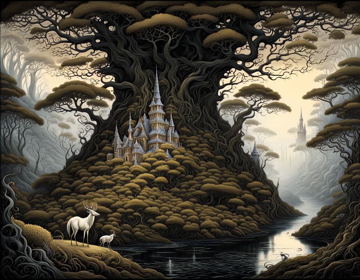 Magical Forest Scene in Golden Age Illustration Style