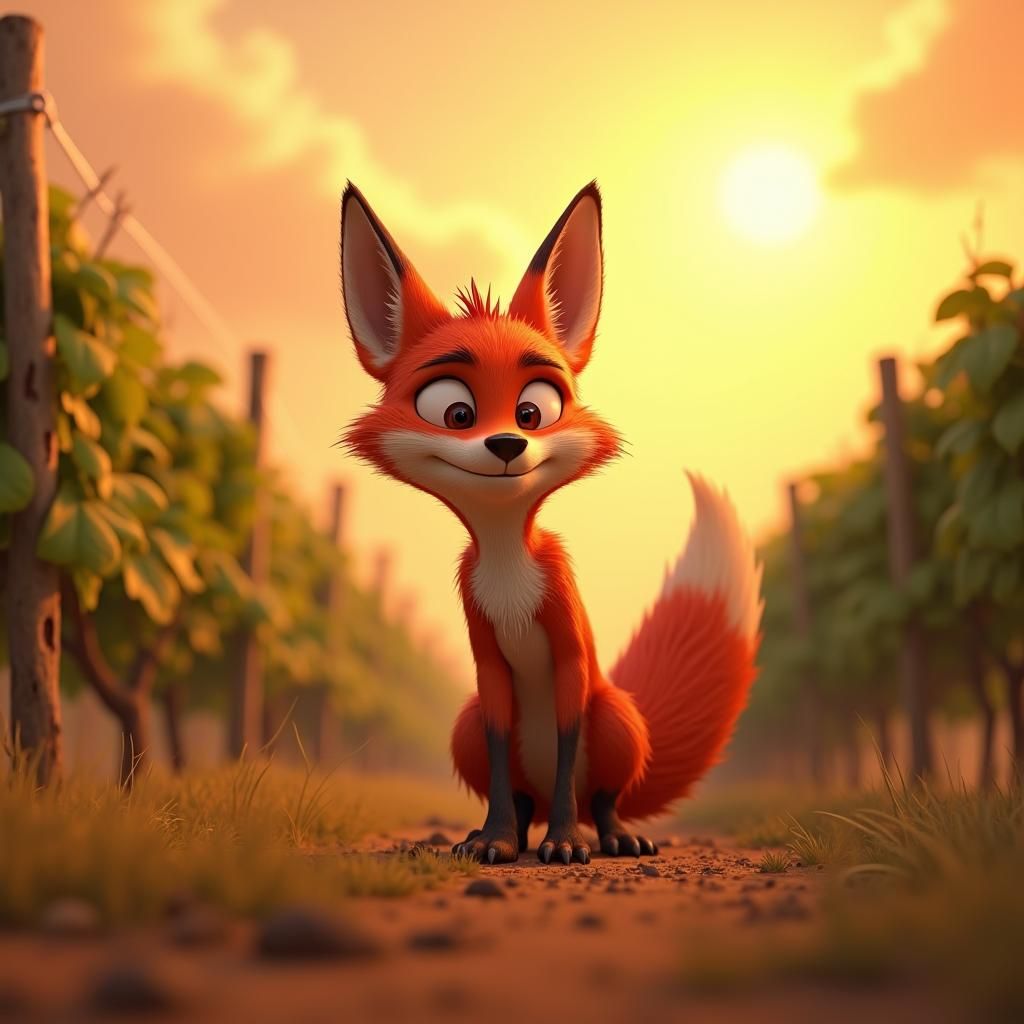 Exhausted Fox in Vineyard, Disney Pixar Style