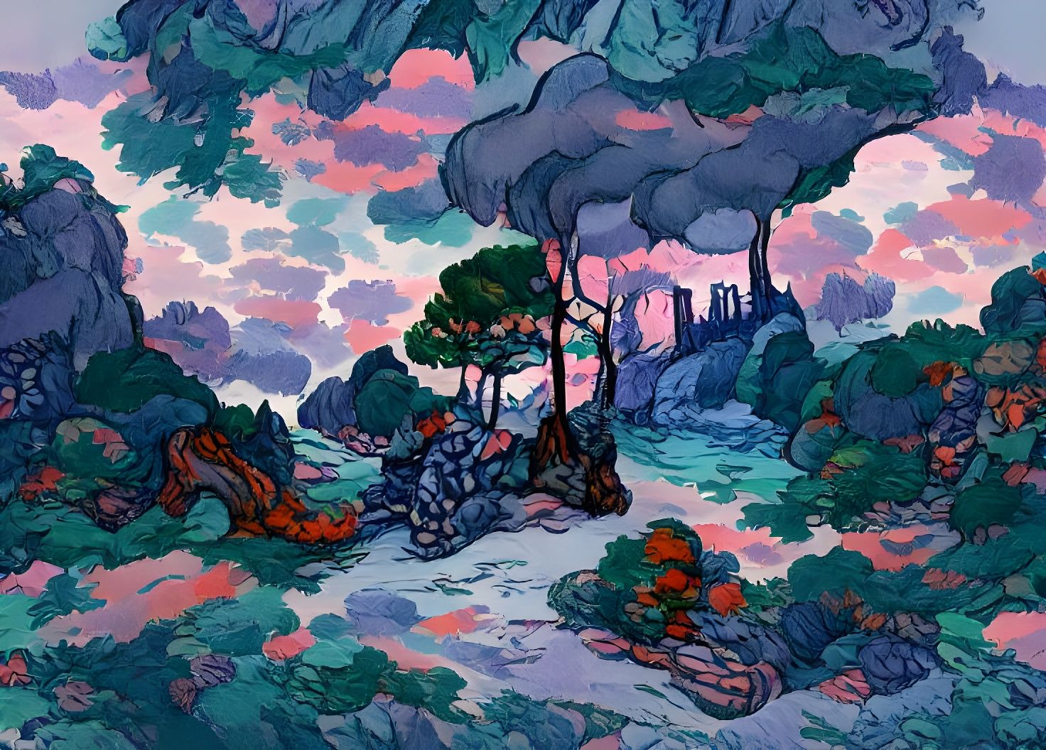 Gloomy Forest in Cel-Shaded Fairytale Illustration